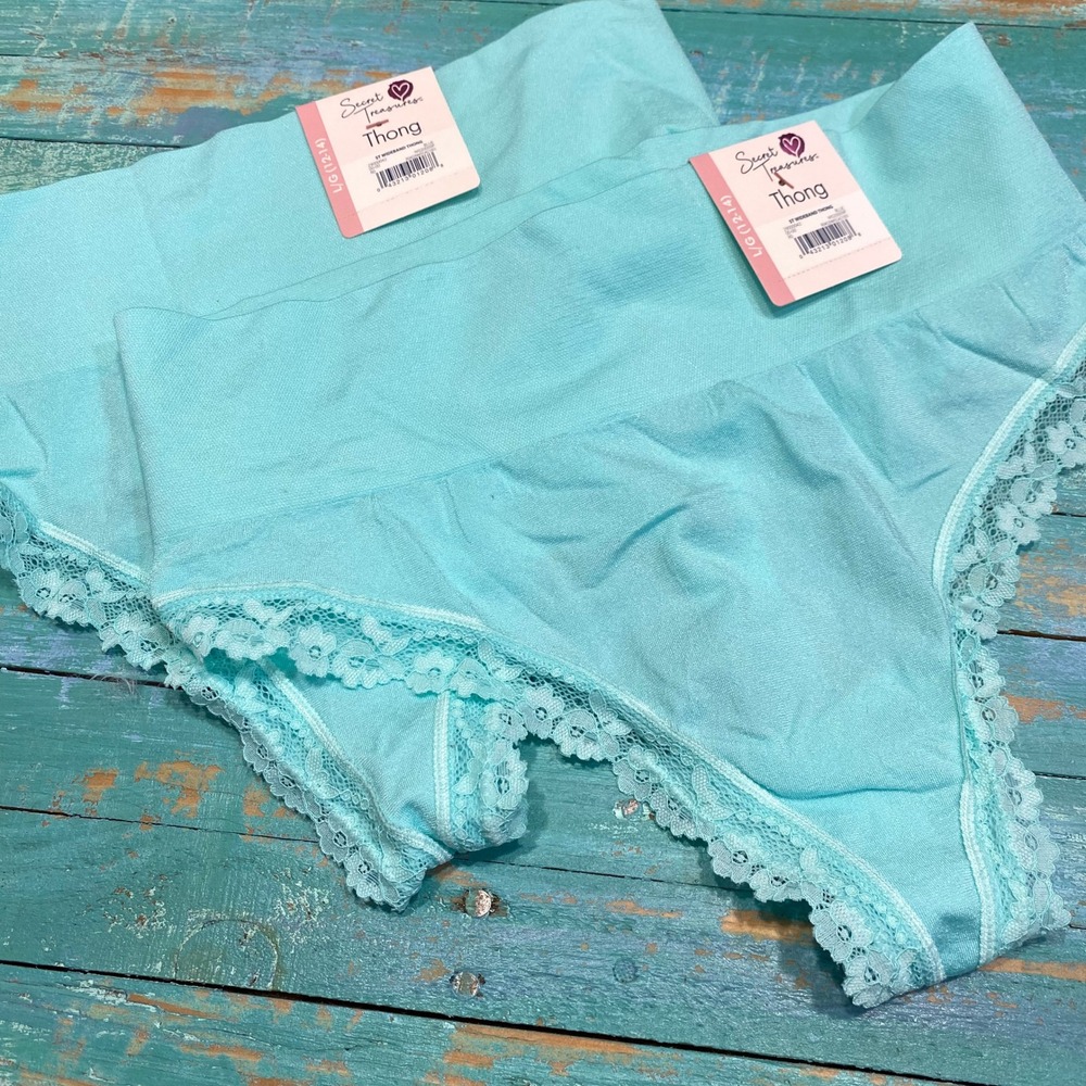 Secret Treasures Wideband Thong Underwear Aqua Blue Lace Trim 2 Pack L 12-14